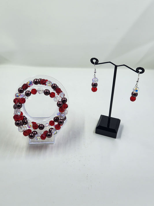 Memory Wire Bracelet and Earrings Set - Red and Clear Crystal, Brown