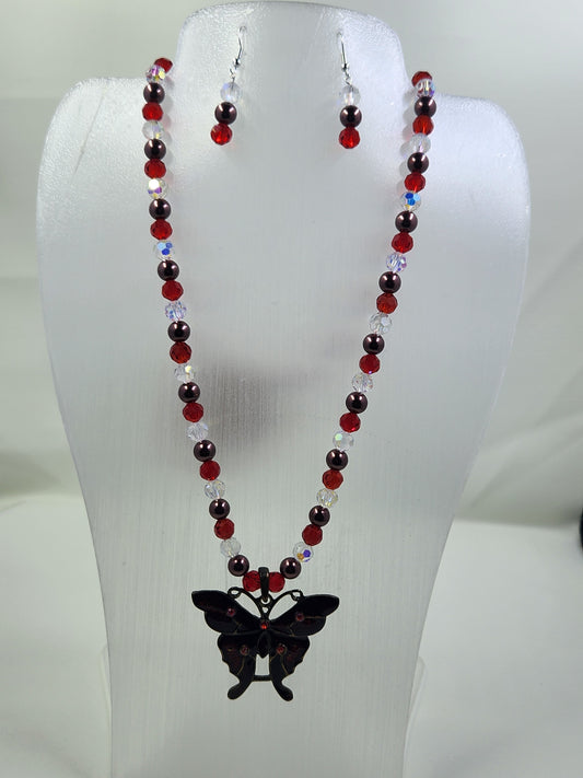 Handmade Red Butterfly Necklace and Earrings Set