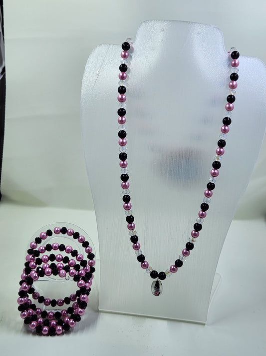 Handmade Necklace & Bracelet Set - Hot Pink, Black and Clear Crystal