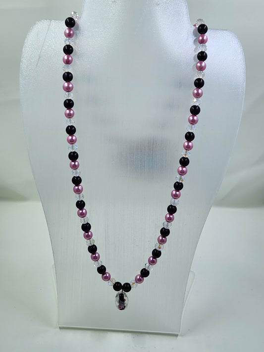 Handmade Hot Pink, Black and Clear Crystal Beaded Necklace