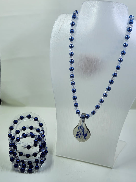 Handmade Blue and Clear Crystal Necklace and Bracelet Set