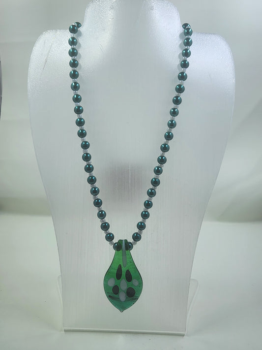 Handmade Green Drop with White Spots Pendant Necklace