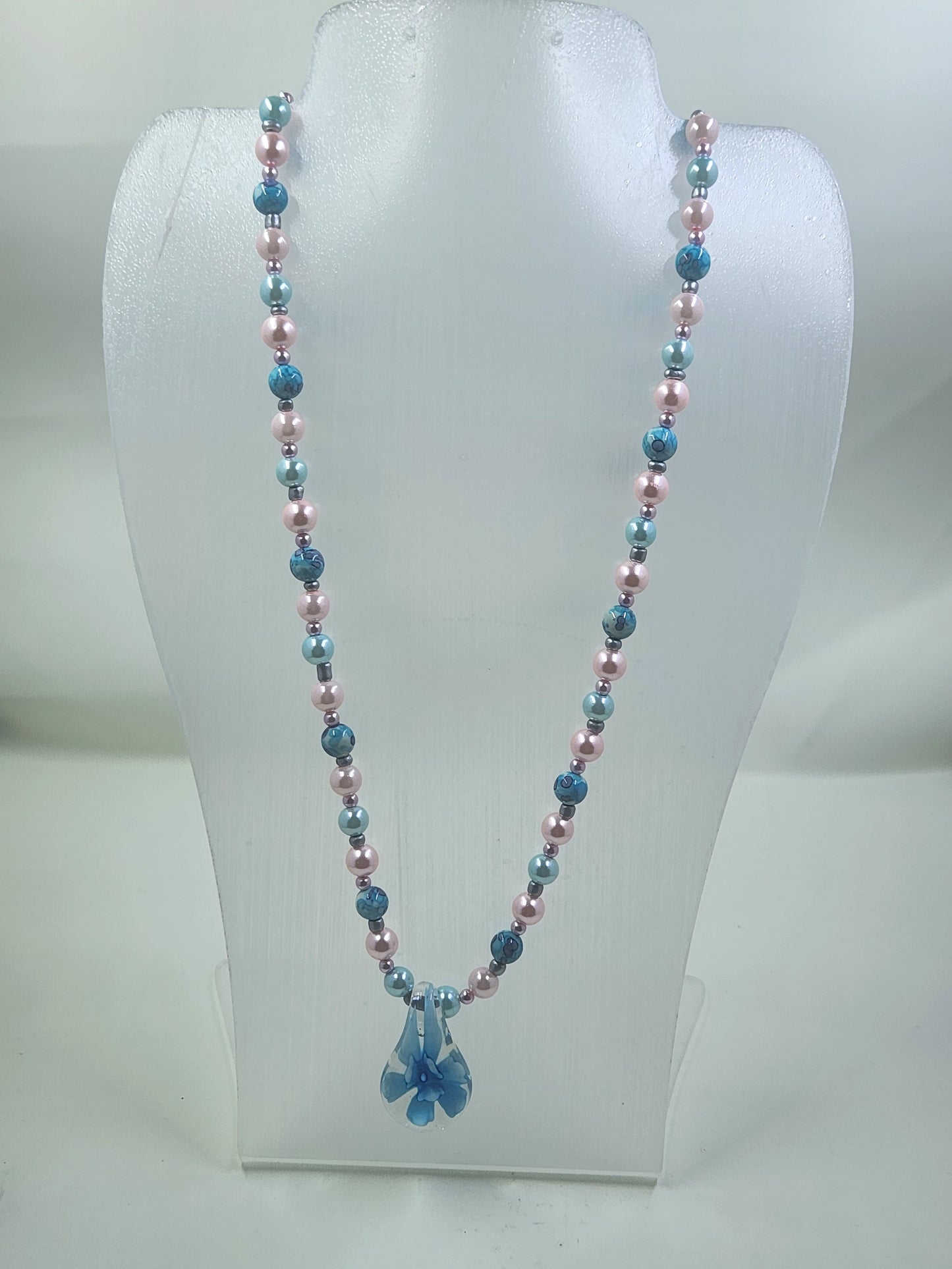 Handmade Blue Flower Drop Necklace