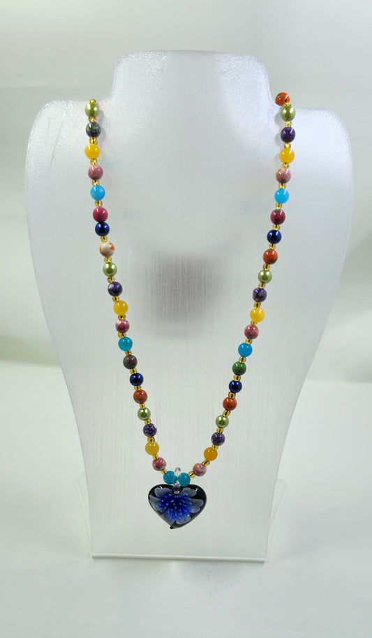 Handmade Neckalce with Blue Flower Heart Pendant