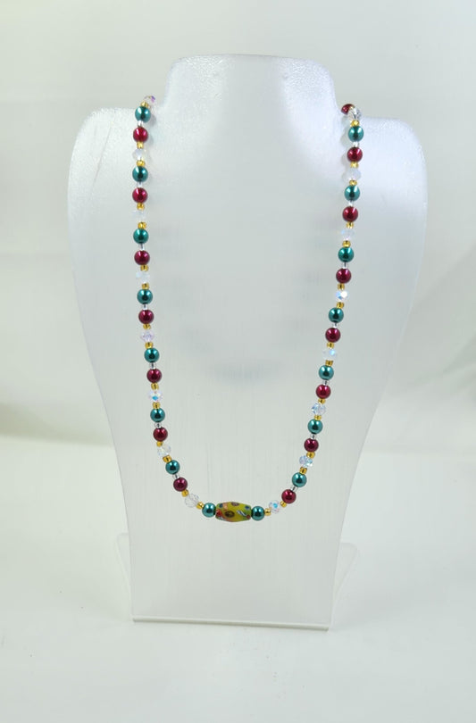 Handmade Green, Red, Gold and Clear Crystal Necklace