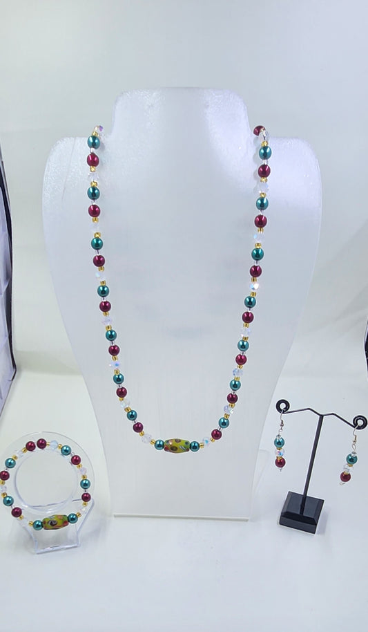 Handmade Red, Green, Gold and Clear Crystal Jewellery Set