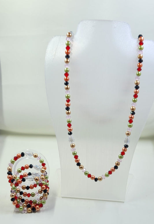 Handmade Colourful Pearl and Crystal Beaded Necklace and Bracelet Set